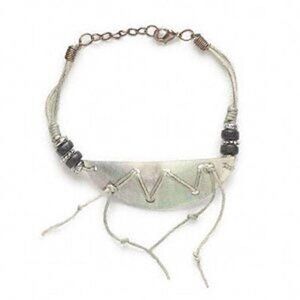 Adjustable Antiqued Brass Waxed Cotton Cord and Black Lip Shell Bracelet